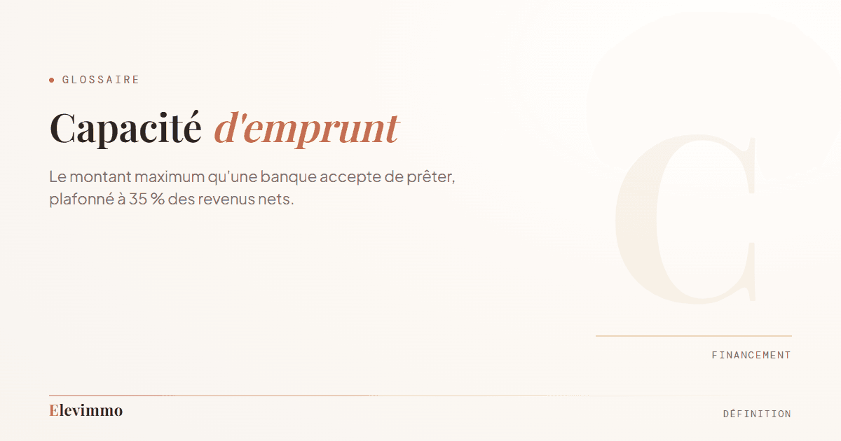 Fiche de glossaire « Capacité d’emprunt » : le terme en typographie de titre, avec l’initiale C en filigrane, dont la teinte signale la famille financement