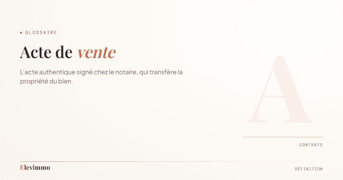Fiche de glossaire « Acte de vente » : le terme en typographie de titre, avec l'initiale A en filigrane, dont la teinte signale la famille contrats
