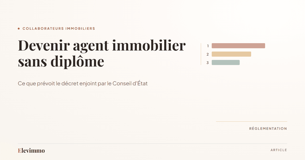 Couverture d'article « Devenir agent immobilier sans diplôme » : trois barres de longueur décroissante figurant les trois voies envisagées pour justifier d'une compétence professionnelle